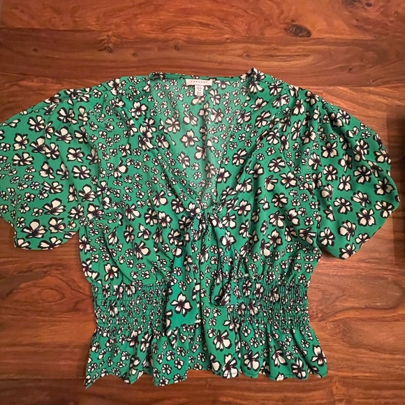 Topshop Green Floral Short Puff Sleeve V-Neck Tie Blouse Cinch Waist Cropped 8 - Picture 5 of 9